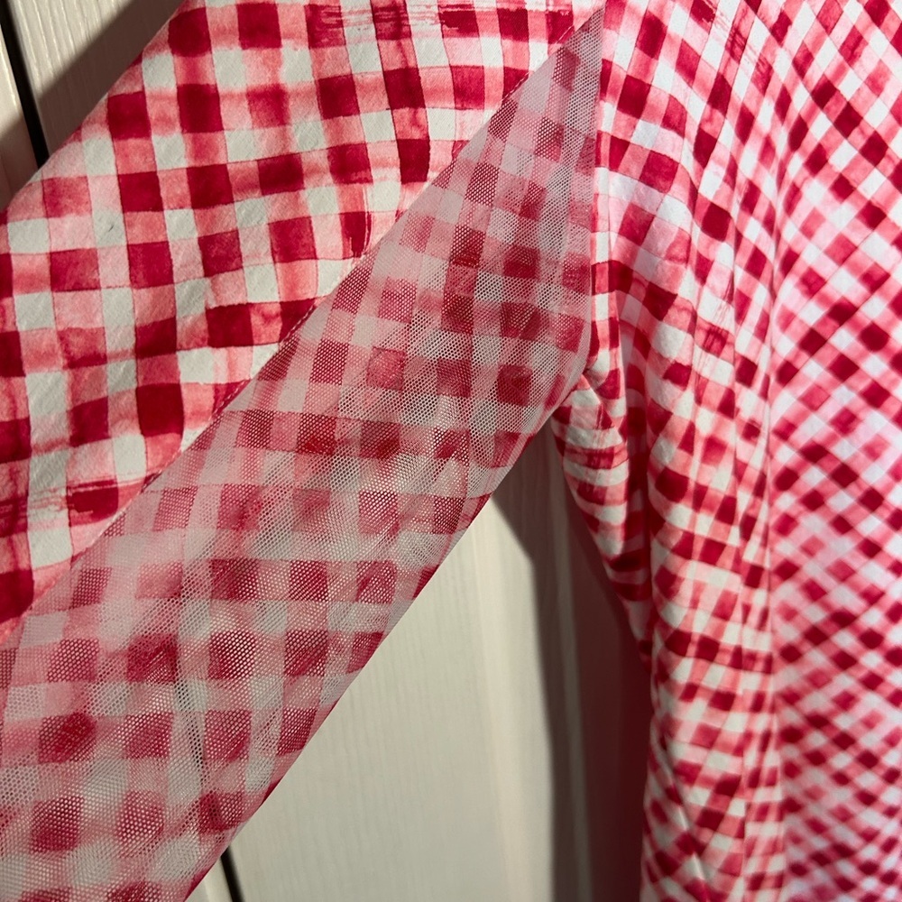 IBKUL Women's Large Gingham Check Print Long Sleeve Mock Neck Red White 1/4 Zip - Picture 5 of 10